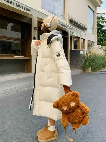 Beige hooded down padded women's winter 2023 thickened bread suit