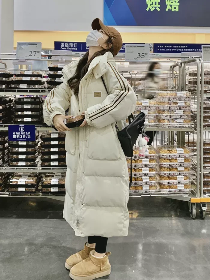 Beige white hooded down padded padded jacket women's winter 2023 thickened medium long bread padded jacket