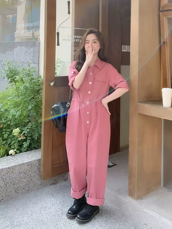 Pink cargo jumpsuit women fall 2023 jumpsuit wide-leg pants