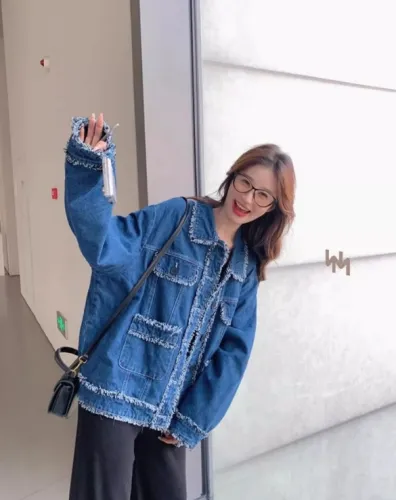 Xiaoxiangfeng denim jacket, women's spring and autumn 2024 new Korean version, loose design, patchwork fur edge jacket top