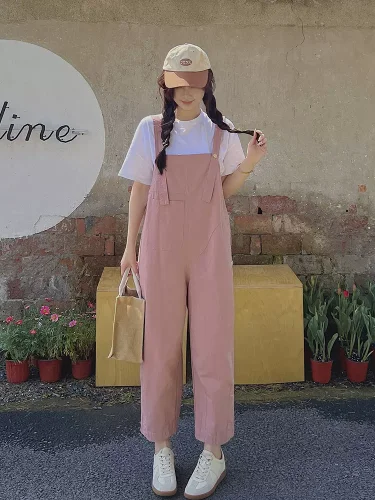 Pink overalls women's summer 2023 loose casual straight leg pants