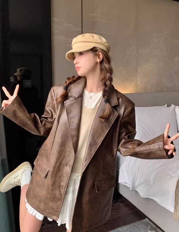 Maillard Brown Leather Coat Women's Spring and Autumn 2024 New Retro Style High Grade Explosive Street PU Leather Suit