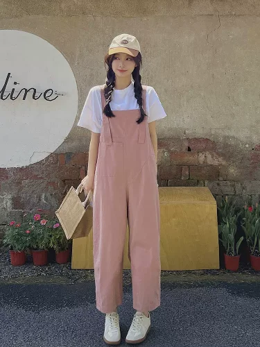 Pink overalls women's summer 2023 loose casual straight leg pants