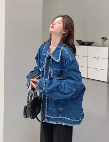Xiaoxiangfeng denim jacket, women's spring and autumn 2024 new Korean version, loose design, patchwork fur edge jacket top