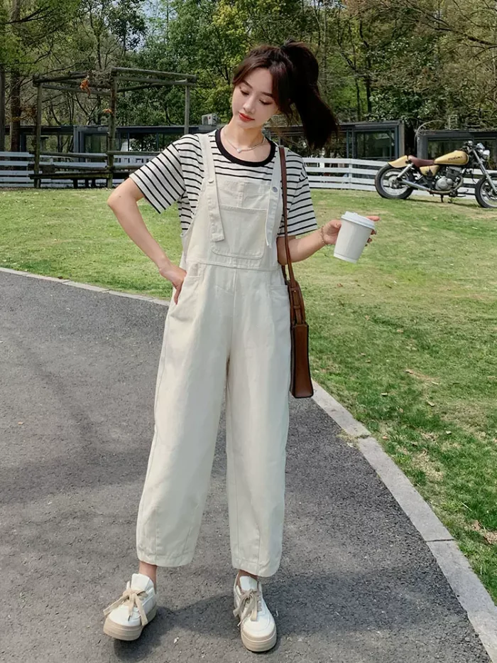 Beige and white overalls women's summer 2023 cargo straight leg nine-quarter pants