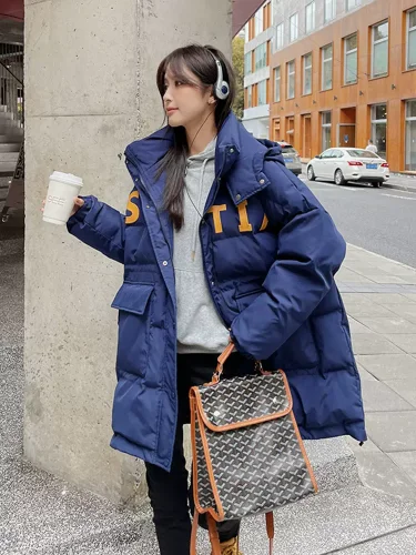 Blue down cotton-padded jacket women winter 2023 loose thickened medium long cotton-padded jacket