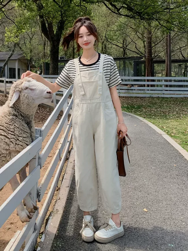 Beige and white overalls women's summer 2023 cargo straight leg nine-quarter pants