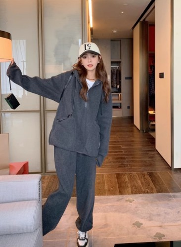 Grey sports suit for women's Spring and Autumn 2023 new Korean version loose and lazy style hooded sweatshirt casual two-piece set