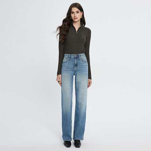 Spring new high waist jeans women straight leg pants