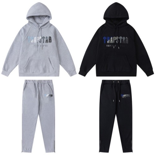Trapstar Towel Embroidered Hoodie & Pants Tracksuit(Blue Black Gray Logo)