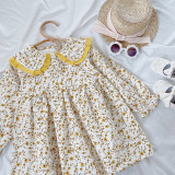 Spring Cotton Doll Collar Pastoral One Piece Korean Style Vintage Midi Sleeve Long Floral Girls Elegant Dresses From 2 To 7 Year