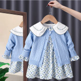 Korean Children's Clothing 2023 Spring Pastoral Two-Piece Sweater Matching Set Cotton Floral Kids' Dresses For Girls 1 To 6 Year