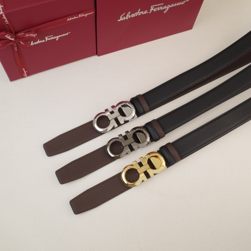 Ferragamo Unisex Smooth Buckle Belt Lichee Pattern Leather Trapezoidal Tail