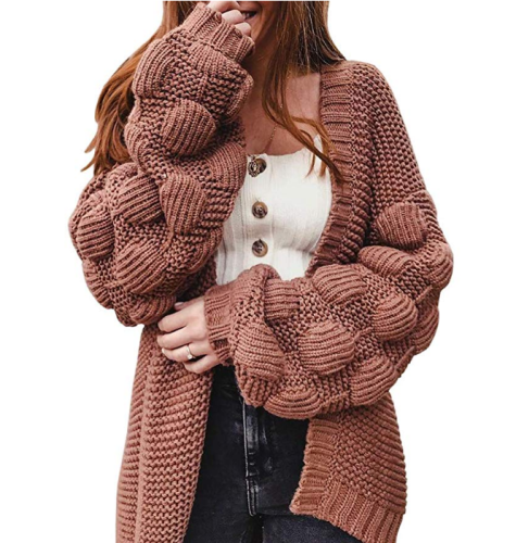 Xhill 2021 autumn and winter new hot selling women's knit long cardigan loose casual bubble sleeve coat women's sweater