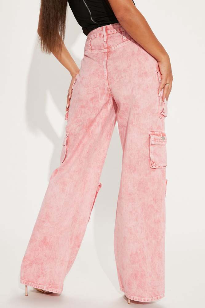 Xhill Fashion Women Pink Loose Fit High Waist Cargo Pants OEM Custom Logo Multi Cargo Pockets Denim Jeans