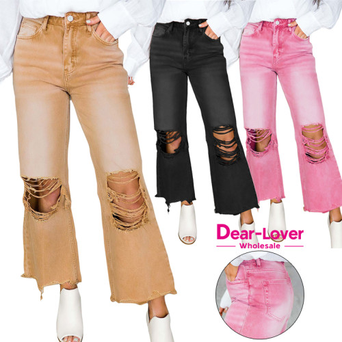 Xhill Dear-Lover Custom Jeans Manufacturers Bulk Wholesale High Waist Stretch Skinny Ripped Distressed Flare Denim Jeans Women