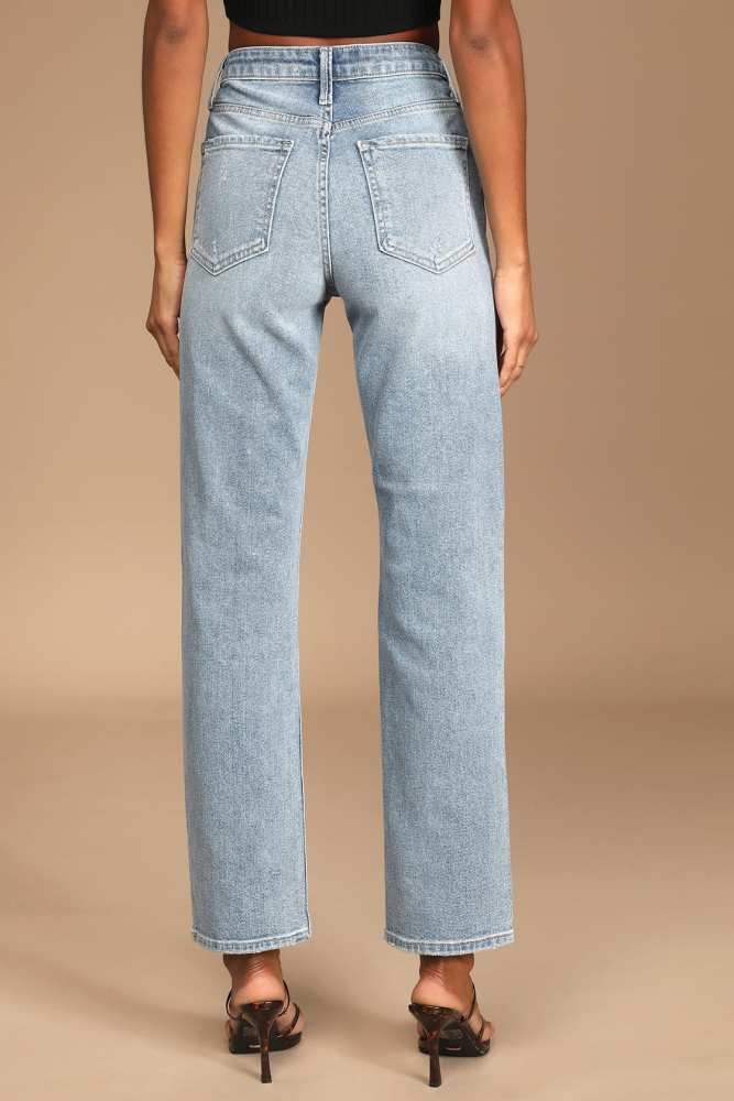 Xhill OEM Wholesale Price Female Medium Wash Straight Leg High Waisted Jeans