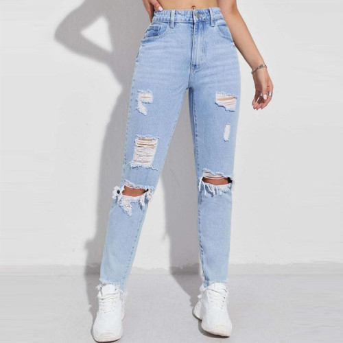 Xhill Hot sale summer fashion women denim pants wholesale high quality dongguan custom ripped mom fit high street wear solid jeans