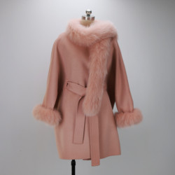 Xhill Good Quality 100% Handcrafted Long Woman Coat Wool Winter Fox Fur Collar Women's Cashmere Jackets Coats