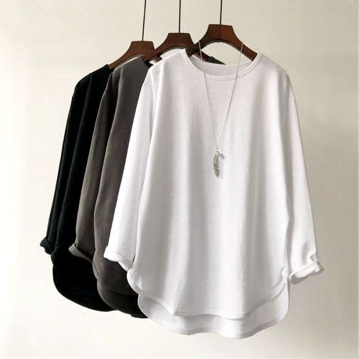 Xhill Wholesale Oversized drop shoulder sleeve women tshirt cotton curved hem long sleeve T Shirt Women's Plain Blank Tshirt