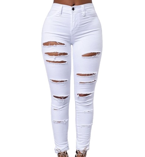 Xhill LOW MOQ Trendy trousers white black skinny ripped denim jeans stretch fall pants for women