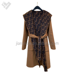 Xhill 2023 New Autumn Winter Women Luxury Clothing Woolen Coat Designer Print Turn Down Collar Ladies Wool Trench Coat With Belt
