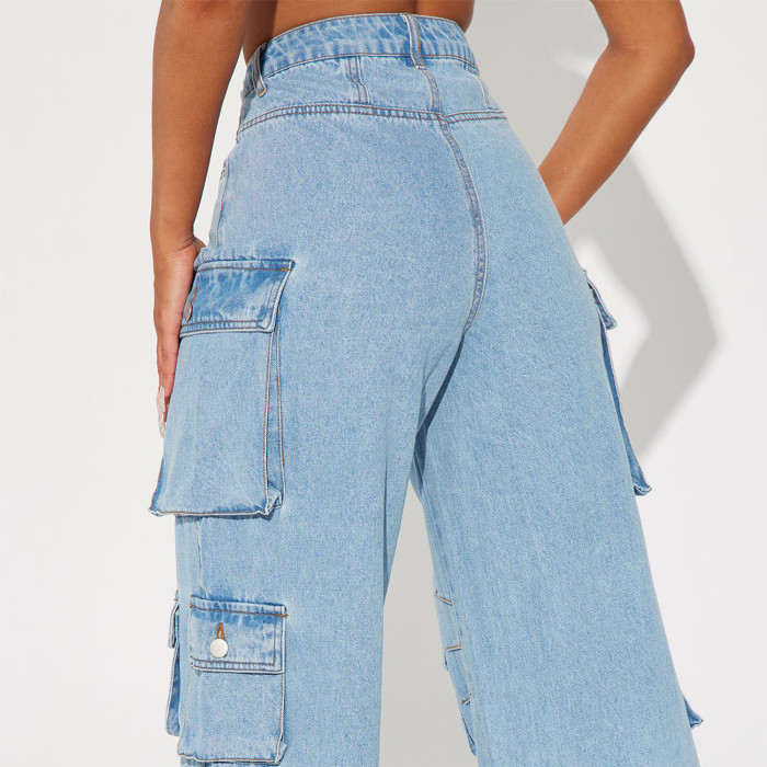 Xhill OEM Manufacturer Pocket High Waist Streetwear Baggy Denim Ladies Long Wide Cargo Pant For Women Jeans
