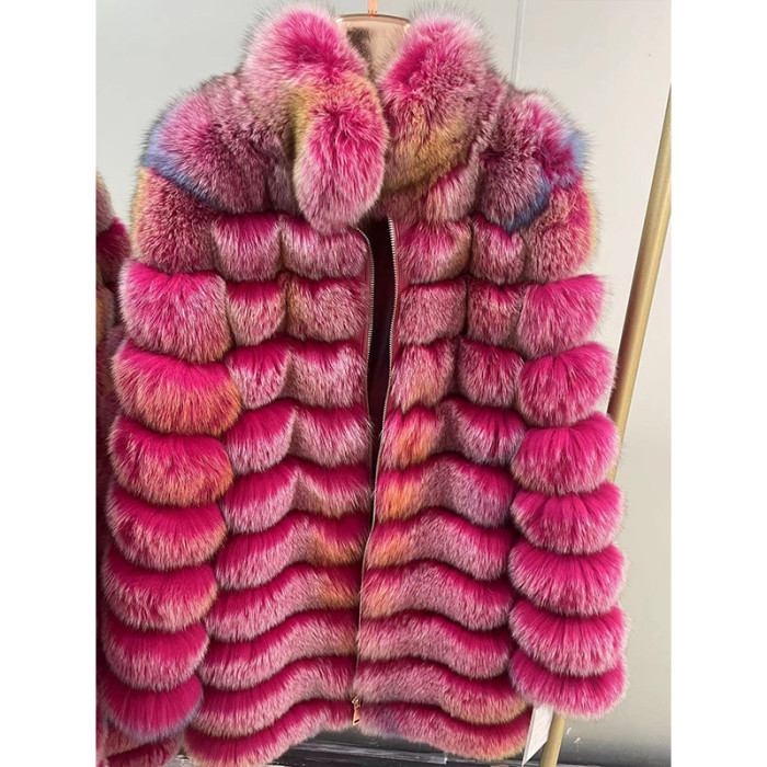 Xhill High Quality Colorful Long Real Fox Fur Jacket Women Custom Luxury Ladies Genuine Fluffy Fur Coats Winter