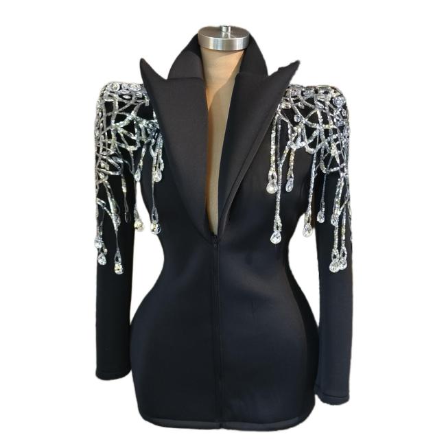 Xhill Sexy Long Sleeve Black Deep V Tassel Sequin Crystal Suit Jacket Stage Performance Dance Costumes Women Party Club Blazer Coats