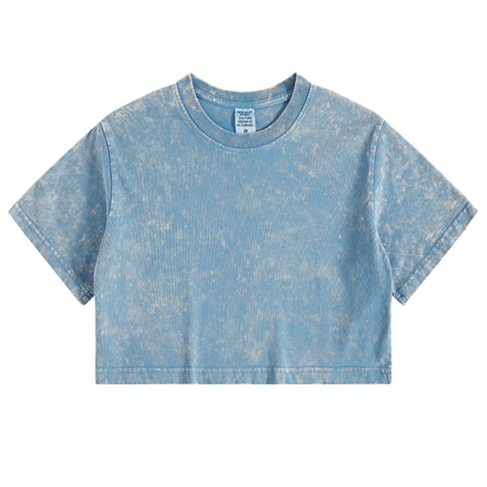 Xhill Wholesale Custom Logo 100% Cotton Sexy Fashion Streetwear Acid Wash Vintage Short Cropped Shirts Women Crop Top T-shirts