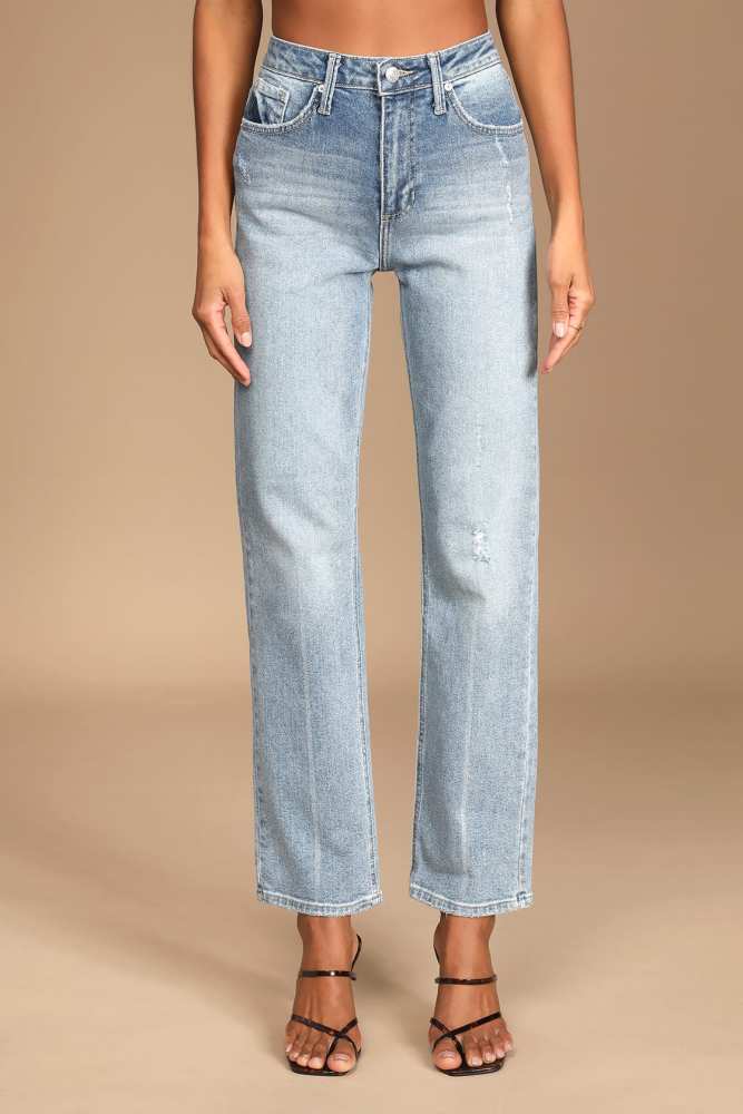 Xhill OEM Wholesale Price Female Medium Wash Straight Leg High Waisted Jeans