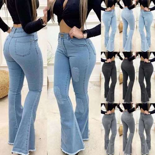 Xhill Casual Fall High Waist Denim Jeans Woman Fashion Bodycon Plus Size Bell Bottom Jeans Pants
