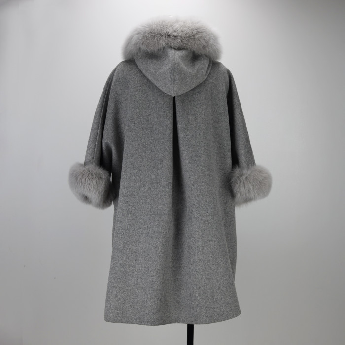 Xhill Good Quality 100% Handcrafted Long Woman Coat Wool Winter Fox Fur Collar Women's Cashmere Jackets Coats