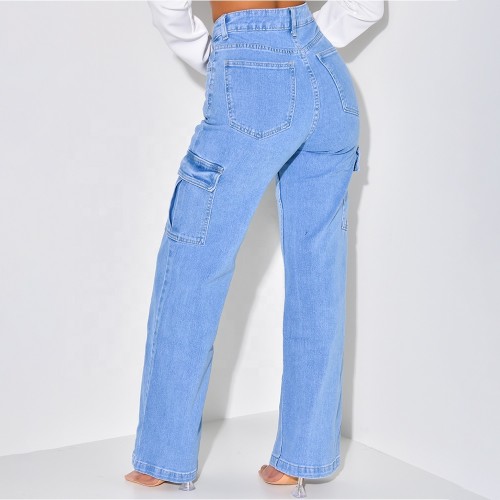 Xhill New Fashion Casual Multi Pocket Denim Cargo Pants Straight Loose Jeans High Waist For Women