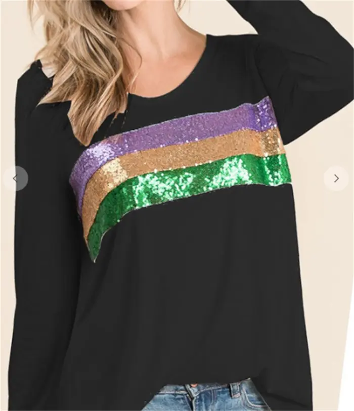 Xhill 2023 fashion casual long sleeve three stripe sequin tshirt contrast colour slip embroidery sequins women t-shirts