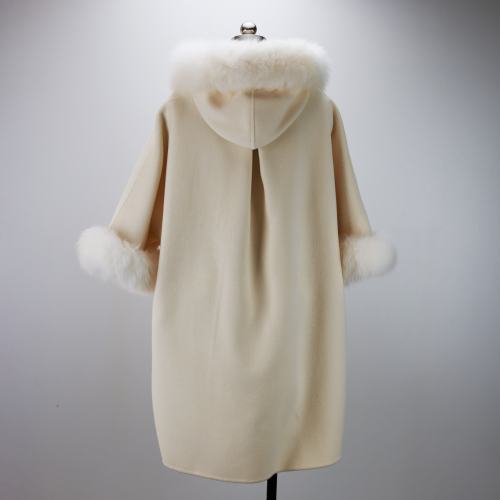 Xhill Good Quality 100% Handcrafted Long Woman Coat Wool Winter Fox Fur Collar Women's Cashmere Jackets Coats