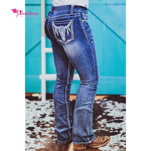 Xhill Western Clothing Embroidered Cow Print Women's Jeans Casual Straight Leg Jeans