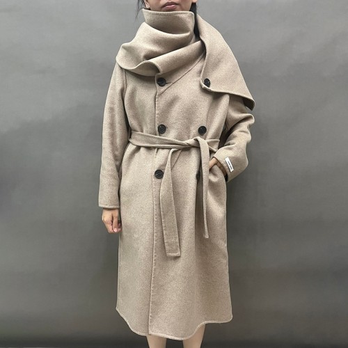 Xhill Autumn Women Scarf Collar Long Cashmere Wool Coat Double Faced Wool Coat