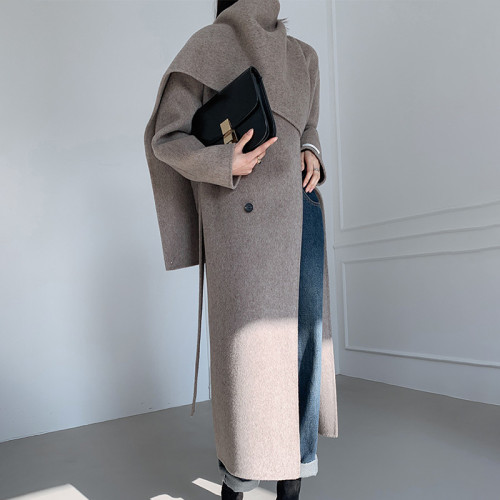 Xhill Autumn Women Scarf Collar Long Cashmere Wool Coat Double Faced Wool Coat
