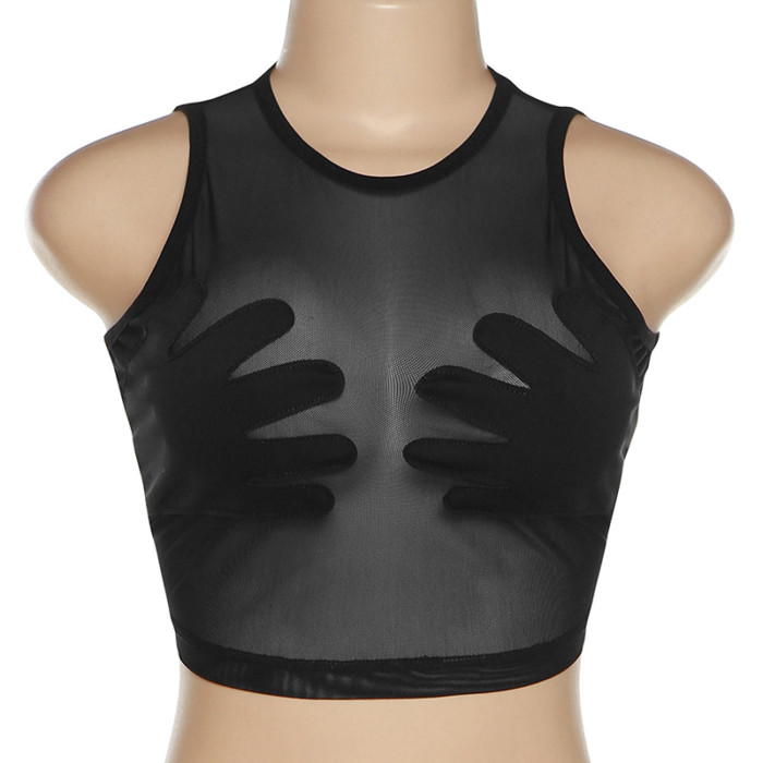 Xhill M5817 fashion casual o neck mesh see through printed crop top sexy sleeveless women t-shirt