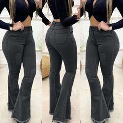 Xhill Casual Fall High Waist Denim Jeans Woman Fashion Bodycon Plus Size Bell Bottom Jeans Pants