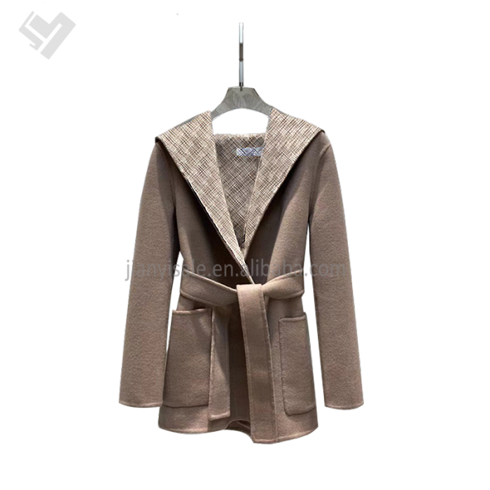 Xhill 2023 New Autumn Winter Women Luxury Clothing Woolen Coat Designer Print Turn Down Collar Ladies Wool Trench Coat With Belt