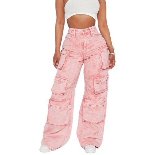 Xhill Fashion Women Pink Loose Fit High Waist Cargo Pants OEM Custom Logo Multi Cargo Pockets Denim Jeans