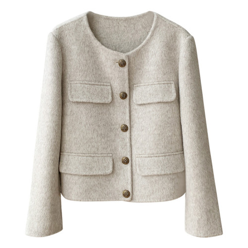 Xhill 2023 Round Collar Short Style Cashmere Coat Women Genuine Sheep Fur Wool Coat