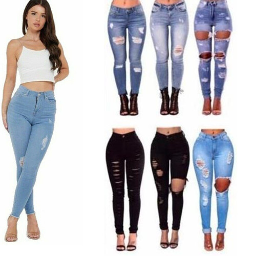 Xhill Wholesale Custom Women Elastic Stretch Jeans High Waist Solid Color Trousers Women Pencil Pants Skinny women Jeans