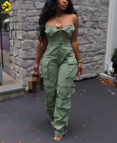 Xhill Cargo Pants Vintage Pockets Jumpsuits Women Strapless Buttons Casual Playsuits Straight Pants Romper Woman