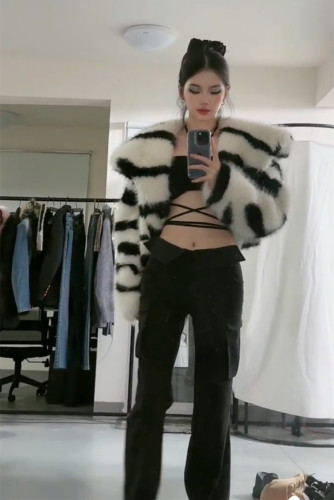 Xhill Tops crop jacket women coats Winter Women Long-sleeve Zebra pattern Plus Size Keep Warm Windproof Fur Coat