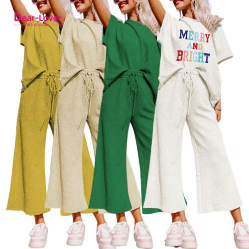 Xhill Dear-Lover Custom Fall Winter Outfits Textured Loose Fit T Shirt Drawstring Pants 2 Piece Set Women
