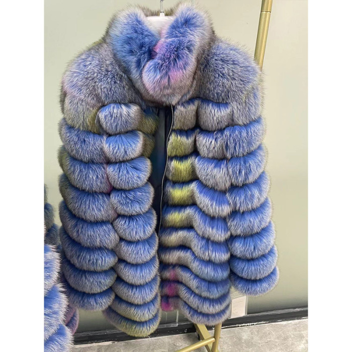 Xhill High Quality Colorful Long Real Fox Fur Jacket Women Custom Luxury Ladies Genuine Fluffy Fur Coats Winter