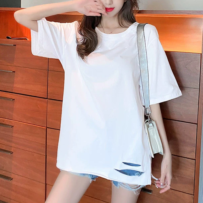Xhill Mid-length short-sleeved T-shirt women's age-reducing top to cover the belly body shirt foreign style all casual